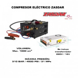 Compresor Electrico ZASDAR 12v/220v para PCP 300 Bar. 1000cc.
